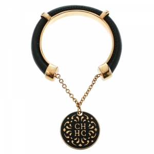 Pre Owned CH Carolina Herrera Black Leather Gold Tone Charm Cuff Bracelet