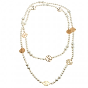 Pre Owned CH Carolina Herrera Faux Pearl Gold Tone Long Station Necklace
