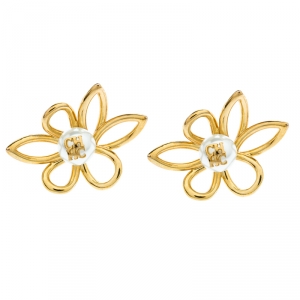 Pre Owned CH Carolina Herrera Faux Pearl Embedded Jasmine Gold Tone Stud Earrings