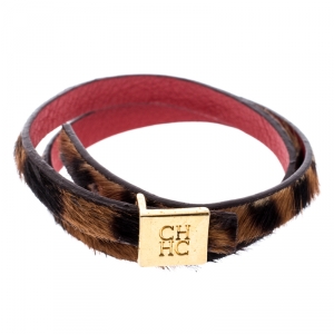 Pre Owned CH Carolina Herrera Leopard Print Leather Gold Tone Double Wrap Bracelet