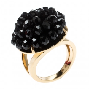 Pre Owned CH Carolina Herrera Black Crystal Monaco Cocktail Ring Size EU 54.5