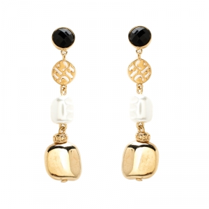 Pre Owned CH Carolina Herrera Crystal Faux Pearl Gold Tone Dangle Earrings