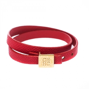 Pre Owned CH Carolina Herrera Red Leather Gold Tone Double Wrap Bracelet