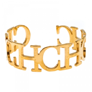 Pre Owned CH Carolina Herrera Logo Gold Tone Open Cuff Bracelet