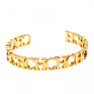 Pre Owned CH Carolina Herrera Logo Gold Tone Open Cuff Bracelet
