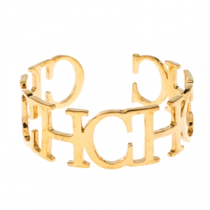 Pre Owned CH Carolina Herrera Logo Gold Tone Open Cuff Bracelet