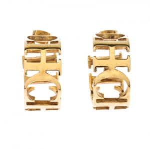 Pre Owned CH Carolina Herrera Logo Gold Tone Hoop Earrings