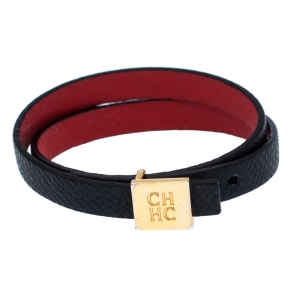 Pre Owned CH Carolina Herrera Navy Blue Leather Gold Tone Double Wrap Bracelet