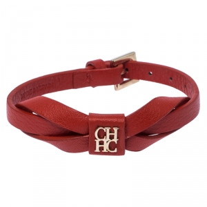 Pre Owned CH Carolina Herrera Red Leather Ribbon Bracelet 