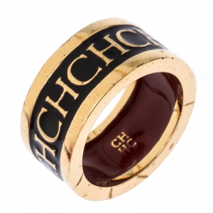 Pre Owned CH Carolina Herrera Logo Black Enamel Gold Tone Band Ring 56
