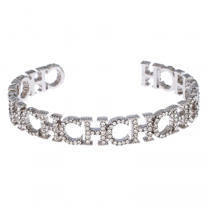 Pre Owned CH Carolina Herrera Crystal Logo Silver Tone Open Cuff Bracelet