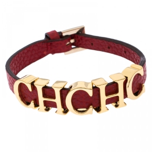 Pre Owned CH Carolina Herrera Red Leather Gold Tone Logo Charm Bracelet
