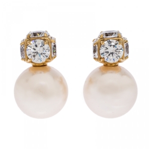 Pre Owned CH Carolina Herrera Crystal & Faux Pearl Gold Plated Drop Earrings