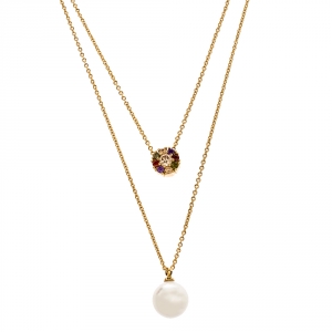 Pre Owned CH Carolina Herrera Multicolor Crystal Faux Pearl Gold Tone Layered Necklace