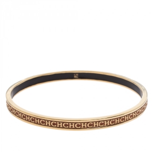 Pre Owned CH Carolina Herrera Logo Enamel Gold Tone Narrow Bangle Bracelet