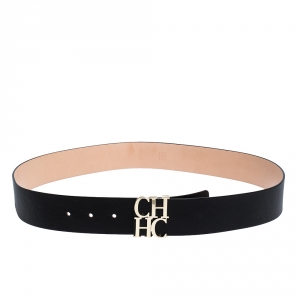 Pre Owned Carolina Herrera Black Leather CHHC Buckle Belt 95CM