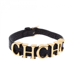 Pre Owned CH Carolina Herrera Black Leather Gold Tone Logo Charm Bracelet