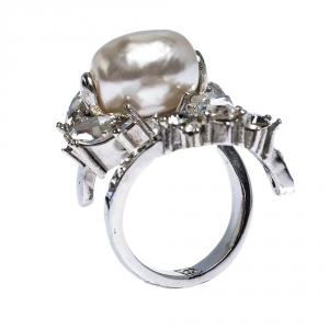 Pre Owned CH Carolina Herrera Crystal Faux Pearl Silver Tone Bypass Ring Size 56
