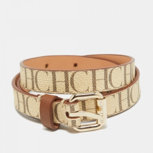 Pre Owned CH Carolina Herrera Beige/Brown Monogram Coated Canvas Slim Belt 80 CM