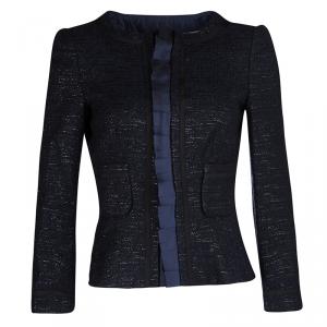 Pre Owned CH Carolina Herrera Navy Blue Textured Lurex Knit Cropped Jacket M
