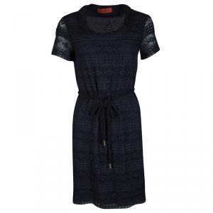 Pre Owned CH Carolina Herrera Navy Blue Short Sleeve Rope Belt Detail Lace Dress XS