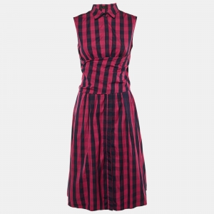 Pre Owned CH Carolina Herrera Pink Striped Cotton Waist Tie Detail Midi Dress M