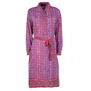 Pre Owned CH Carolina Herrera Purple and Red Houndstooth Print Belted Tunic Dress M