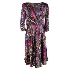 Pre Owned CH Carolina Herrera Floral Printed Silk Satin Pleated Front Detail Dress M