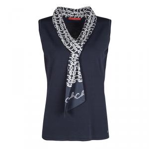 Pre Owned CH Carolina Herrera Navy Blue Contrast Faux Scarf Detail Sleeveless Top L