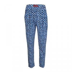 CH Carolina Herrera Blue And White Check Printed Silk Elasticized Waist Pants S