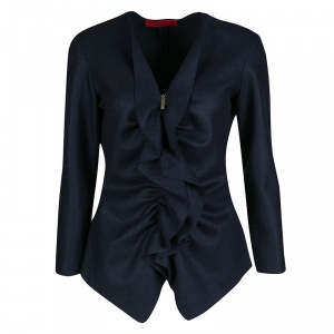 Pre Owned CH Carolina Herrera Navy Blue Fleece Wool Ruffle Detail Zip Front Jacket M