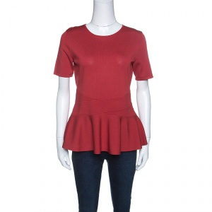 Pre Owned CH Carolina Herrera Red Knit Short Sleeve Peplum Top M