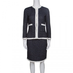 CH Carolina Herrera Navy Blue Textured Contrast Trim Detail Skirt Suit S