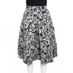 CH Carolina Herrera Monochrome Floral Patterned Brocade Flared Skirt M