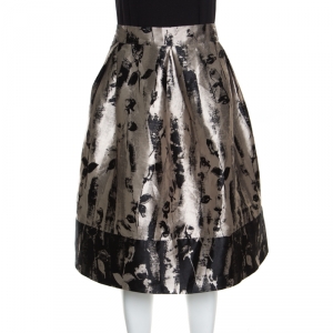 CH Carolina Herrera Silver and Black Floral Jacquard Pleated Skirt L