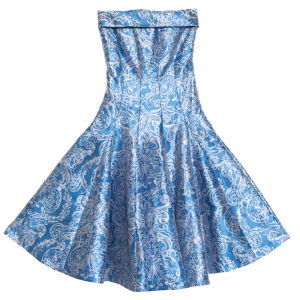 Pre Owned CH Carolina Herrera Blue Floral Brocade Strapless Fit and Flare Dress XS