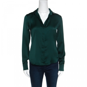 Pre Owned CH Carolina Herrera Black and Green Logo Printed Satin Long Sleeve Shirt S