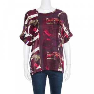 Pre Owned CH Carolina Herrera Multicolor Printed Front Silk Paneled Jersey Top S