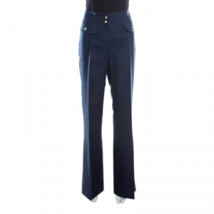 CH Carolina Herrera  Navy Blue Linen and Cotton Flared High Waist Trousers M