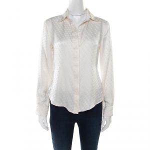 Pre Owned CH Carolina Herrera Off White Dotted Silk Long Sleeve Shirt M