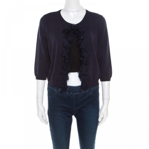 CH Carolina Herrera Navy Blue Knit Ruffle Detail Cropped Cardigan L