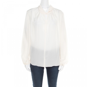 Pre Owned CH Carolina Herrera Cream Silk Twist Collar Detail Long Sleeve Blouse M