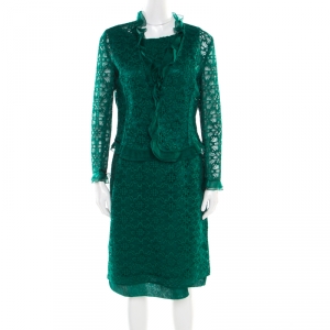 Pre Owned CH Carolina Herrera Emerald Green Floral Lace Jacket and Dress Set L