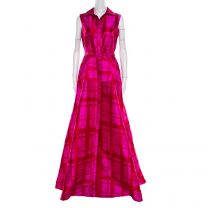 Pre Owned CH Carolina Herrera Pink and Red Gemoetric Jacquard Maxi Shirt Dress M
