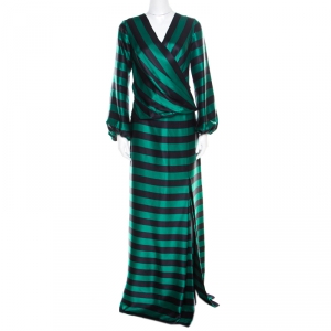 Pre Owned CH Carolina Herrera Green and Black Striped Satin Draped Blouse and Maxi Skirt Set M