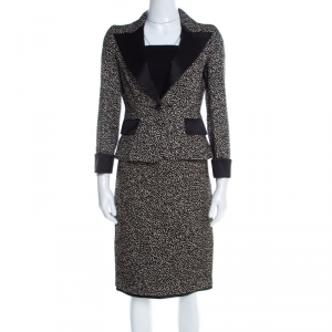 CH Carolina Herrera Monochrome Embossed Jacquard Satin Trim Skirt Suit S