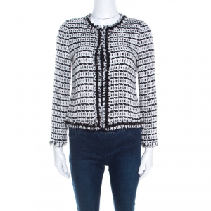 Pre Owned CH Carolina Herrera Monochrome Textured Bead Trim Cropped Boucle Jacket S
