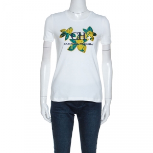 Pre Owned CH Carolina Herrera White Stretch Cotton Brocade Applique Detail Top XS 