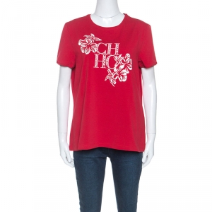 Pre Owned CH Carolina Herrera Red Stretch Cotton Floral Logo Embroidered T-Shirt L