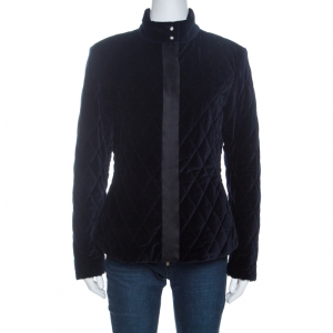 Pre Owned CH Carolina Herrera Navy Blue Velvet Quilted Jacket S